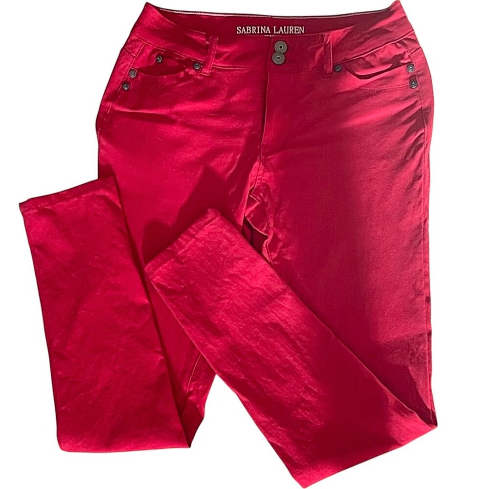 🔴 Sabrina Lauren Skinny Capri Jeans Pants – Vibrant Red Stretch Fit Size 8P - Picture 3 of 9